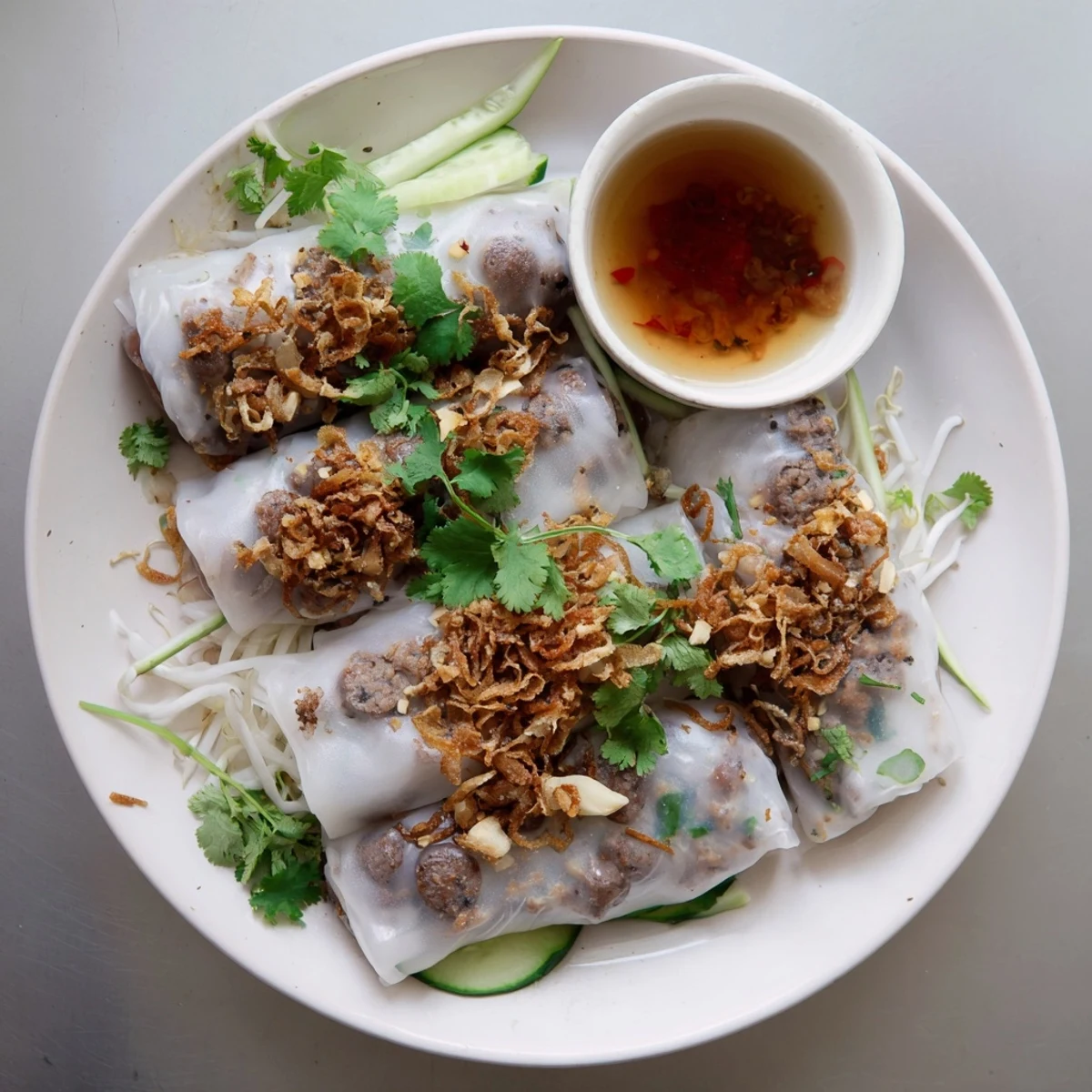 Delicate Vietnamese Banh Cuon served with cilantro and nuoc cham sauce, ready to eat as a hearty snack.