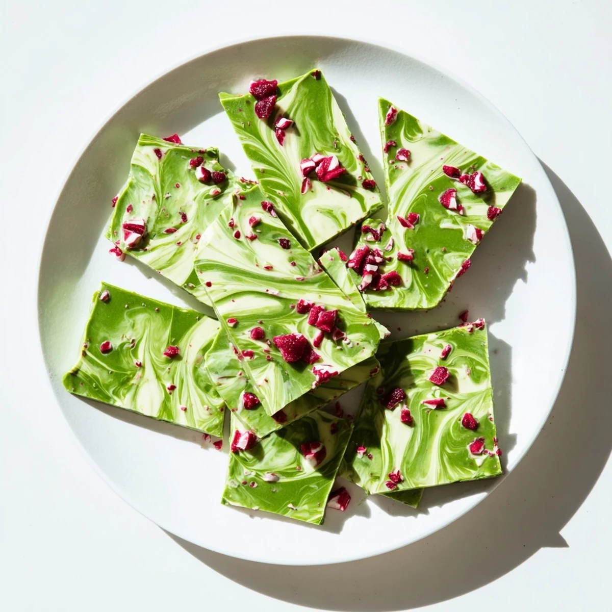 Creamy white chocolate marbled with vibrant matcha and topped with crushed peppermint candy for a festive holiday bark.