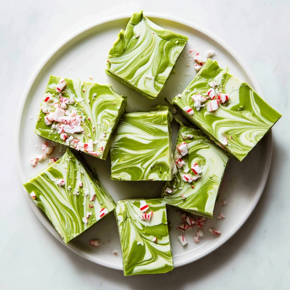 Close-up view of homemade Matcha Peppermint Bark showing smooth texture and crushed peppermint pieces, ideal for dessert platters.