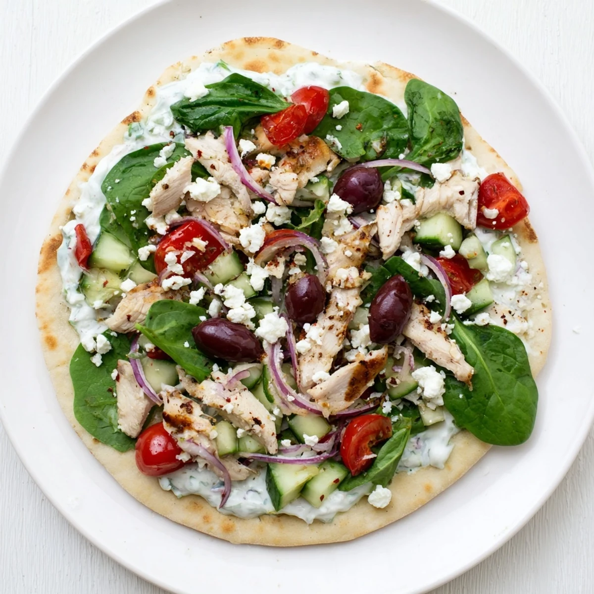Grilled Greek Chicken Flatbread topped with fresh veggies and creamy tzatziki sauce on a plate.