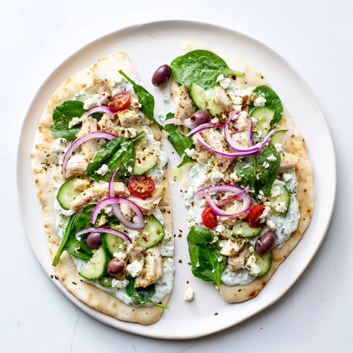 Greek Chicken Flatbread served with extra sauce and olives, ideal for a Mediterranean dinner.