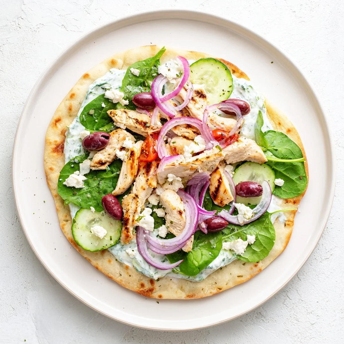 Sliced Greek Chicken Flatbread reveals juicy chicken, crisp vegetables, and feta cheese on naan.