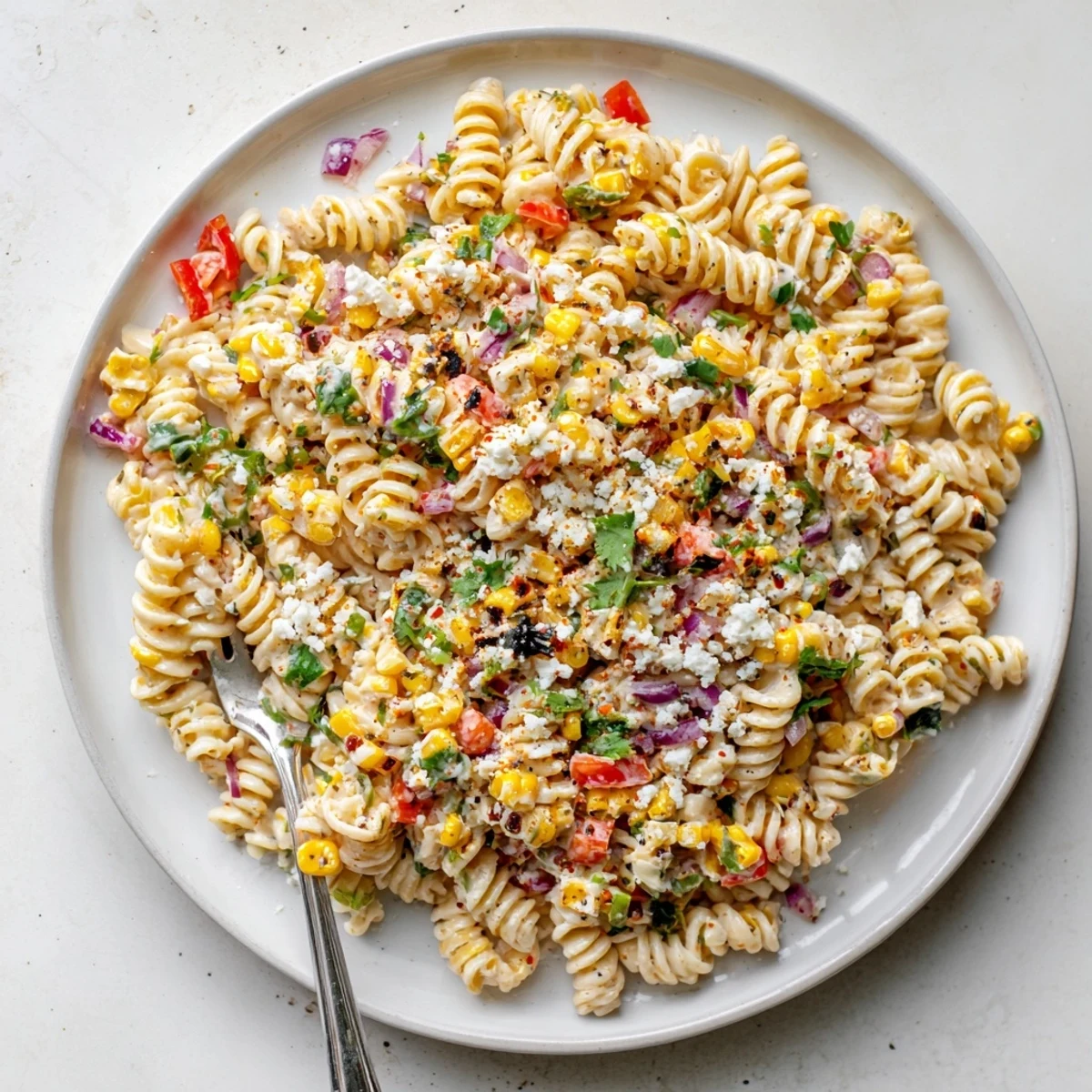 A spoon lifts Juicy Street Corn Pasta Salad revealing tender rotini, sweet corn, and fresh cilantro garnish.