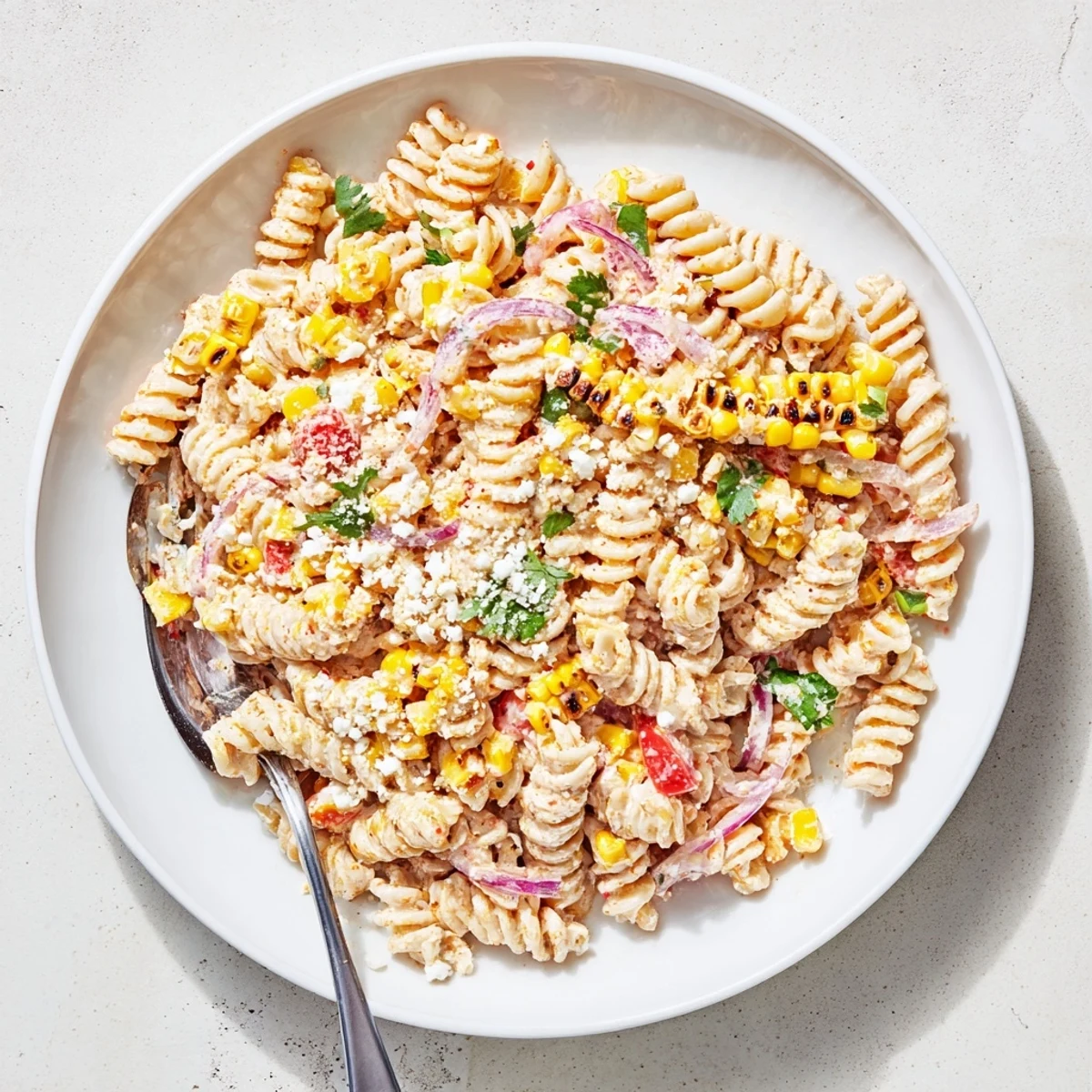 Juicy Street Corn Pasta Salad served chilled with lime wedges, jalapeño, and cotija for a refreshing side.