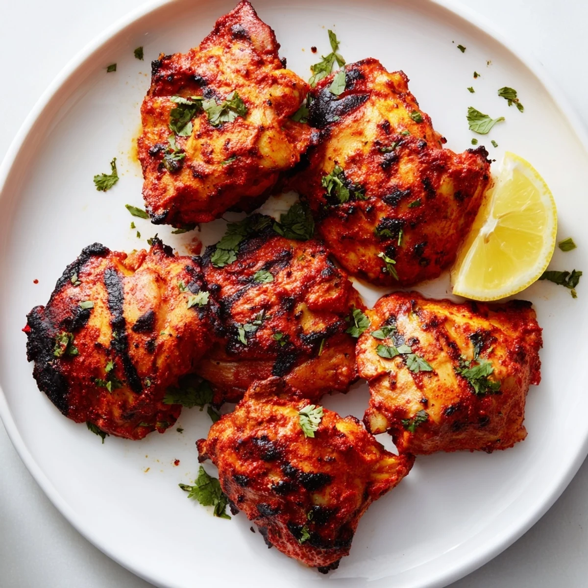 Juicy Grilled Tandoori Chicken thighs with smoky char marks, served with lemon wedges and fresh cilantro.