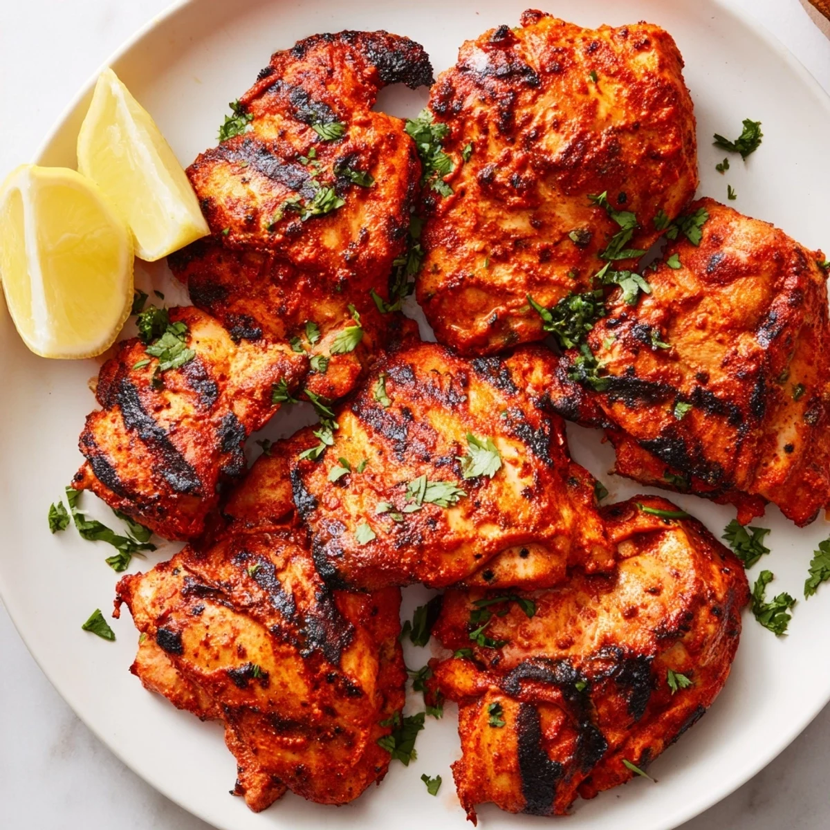 Golden-brown Grilled Tandoori Chicken paired with fluffy naan and cucumber salad, perfect for a family dinner.
