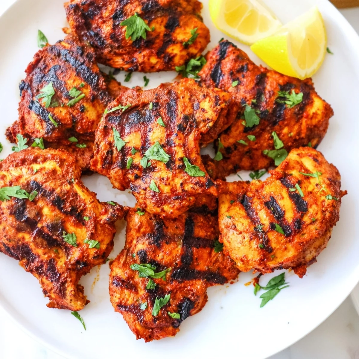 A close-up of vibrant red Grilled Tandoori Chicken fresh off the grill, resting on a rustic platter.
