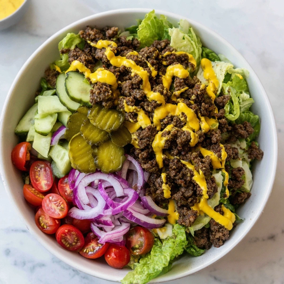 A close-up of Burger Bowls with seasoned ground beef, shredded cheddar, and diced avocado on crisp romaine.  
