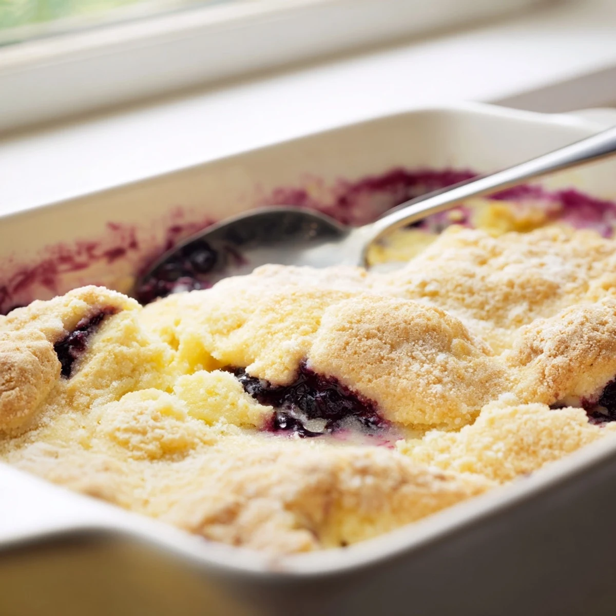 Warm slice of lemon blueberry cheesecake dump cake topped with powdered sugar and fresh blueberries