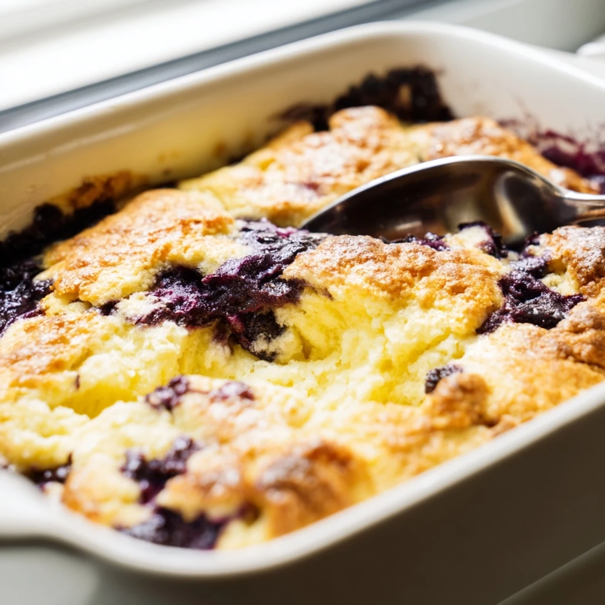 Golden baked lemon blueberry cheesecake dump cake with bubbling fruit edges and creamy cheesecake swirls