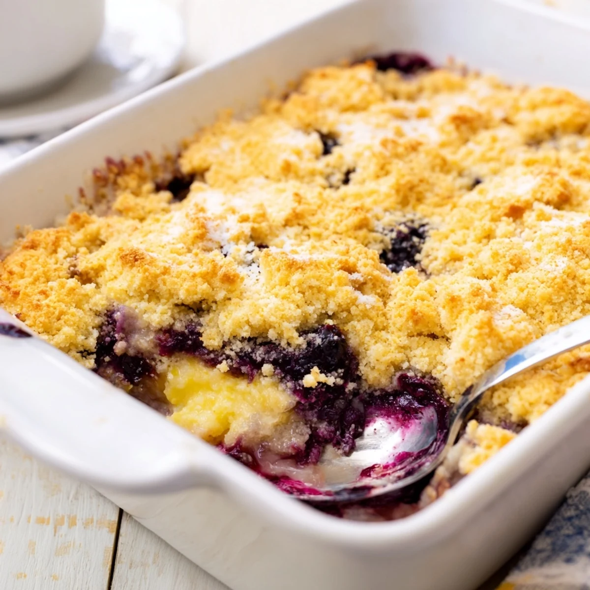 Bubbling 9x13 pan of lemon blueberry cheesecake dump cake fresh from the oven with golden crumbled topping
