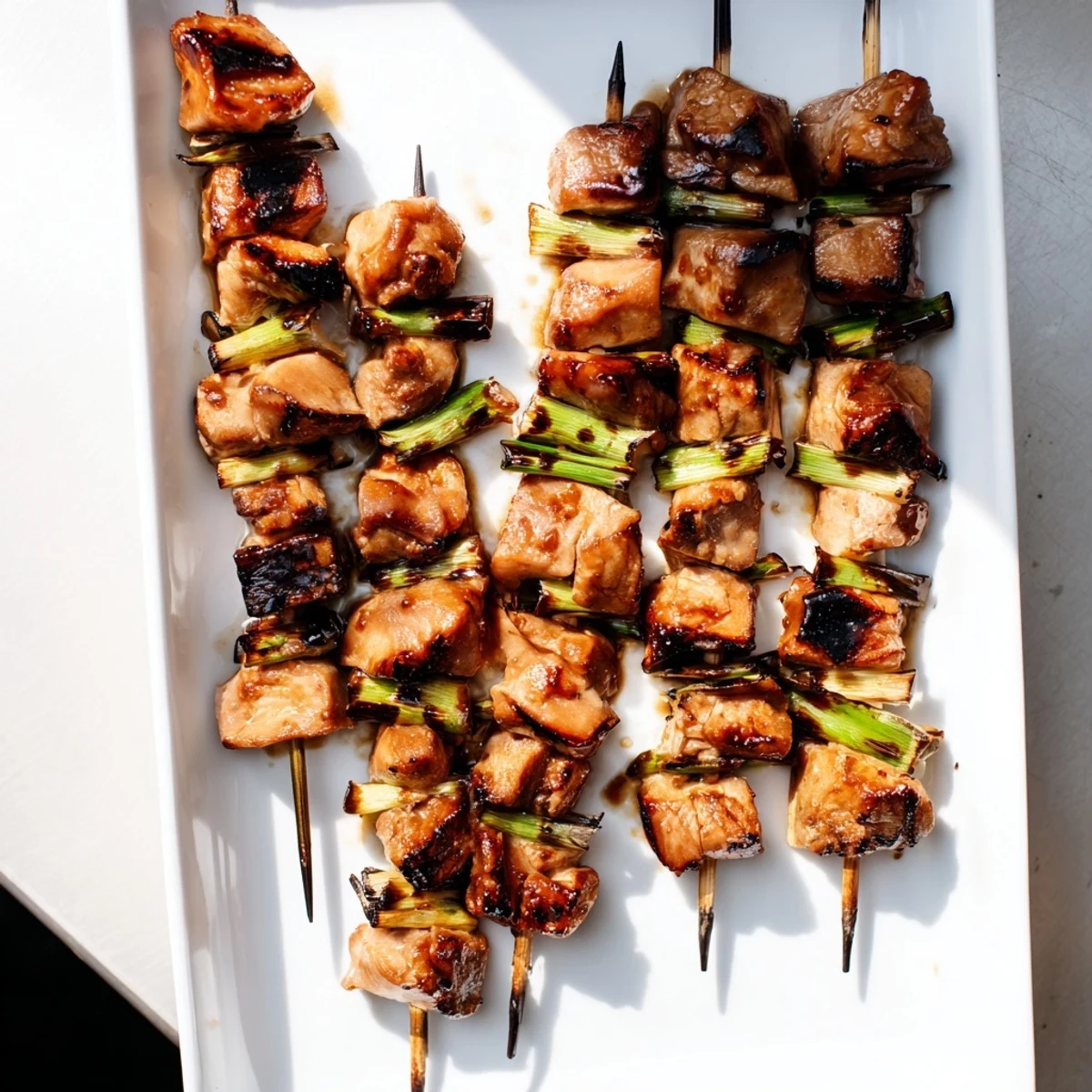 Close-up of Japanese Chicken Yakitori with glossy sauce, served hot with a side of steamed rice.