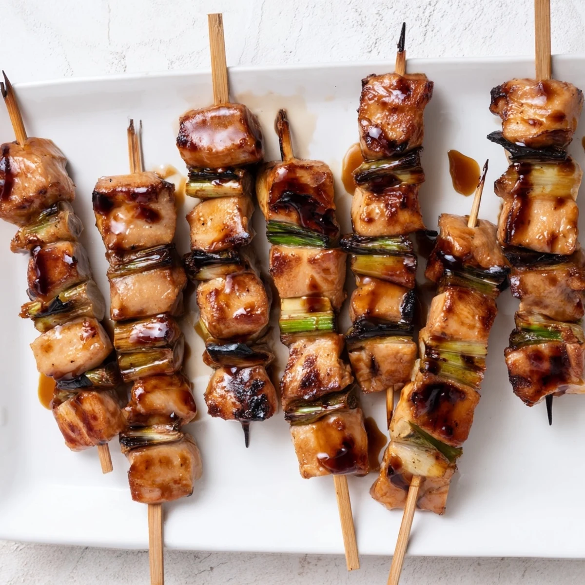 Grilled Japanese Chicken Yakitori skewers glistening with tare sauce and charred spring onions on a bamboo stick.