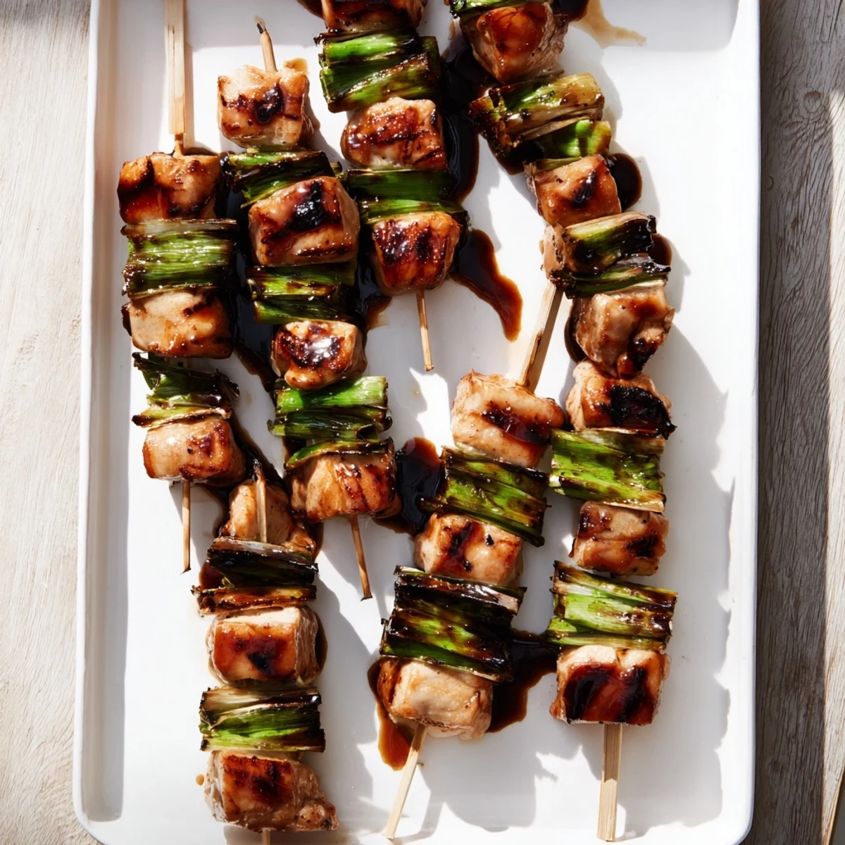 Japanese Chicken Yakitori plated with savory glaze, scattered sesame seeds, and a refreshing dipping sauce nearby.