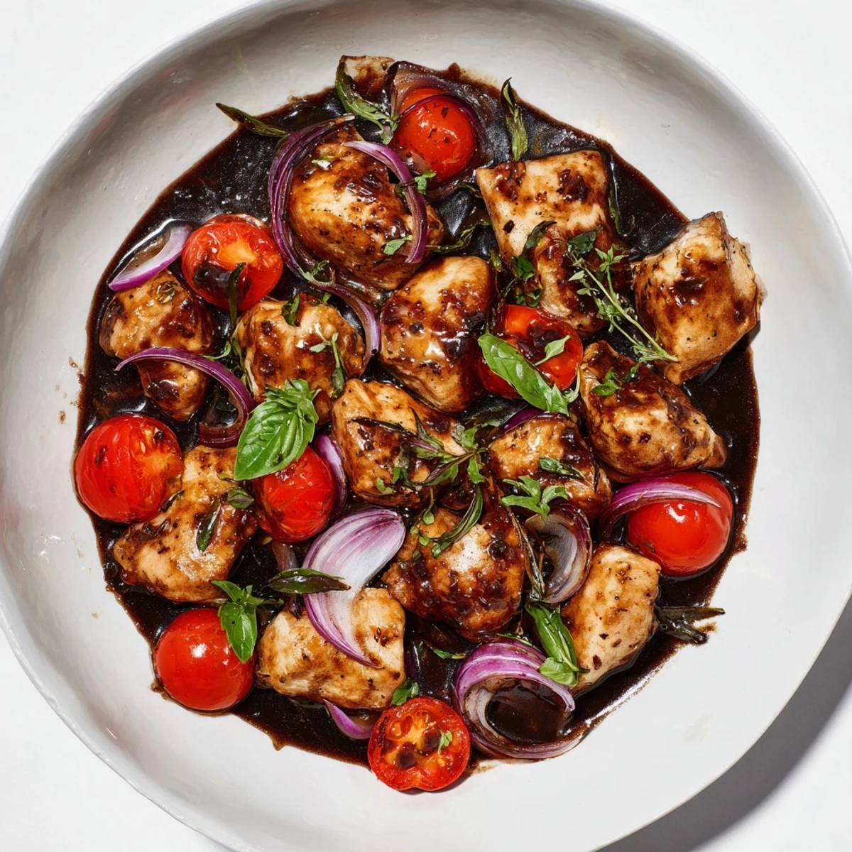 Golden, juicy One Pan Juicy Chicken With Balsamic Sauce simmering with cherry tomatoes and fresh herbs in a rich glaze.