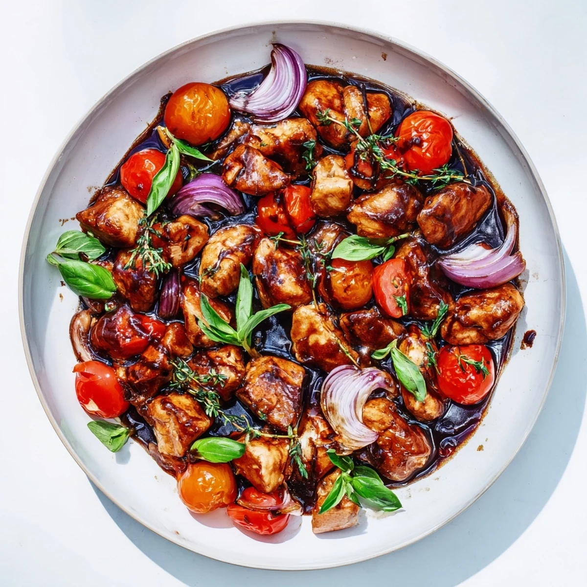 Sizzling One Pan Juicy Chicken With Balsamic Sauce finished in the skillet, featuring caramelized onions and a glossy, aromatic sauce.