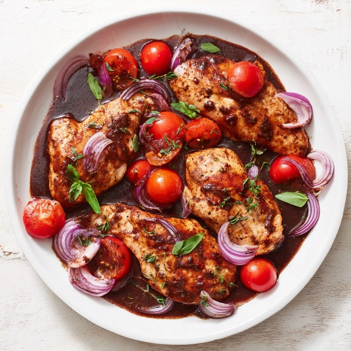 Tender One Pan Juicy Chicken With Balsamic Sauce served over creamy mashed potatoes, garnished with fresh basil for a weeknight meal.