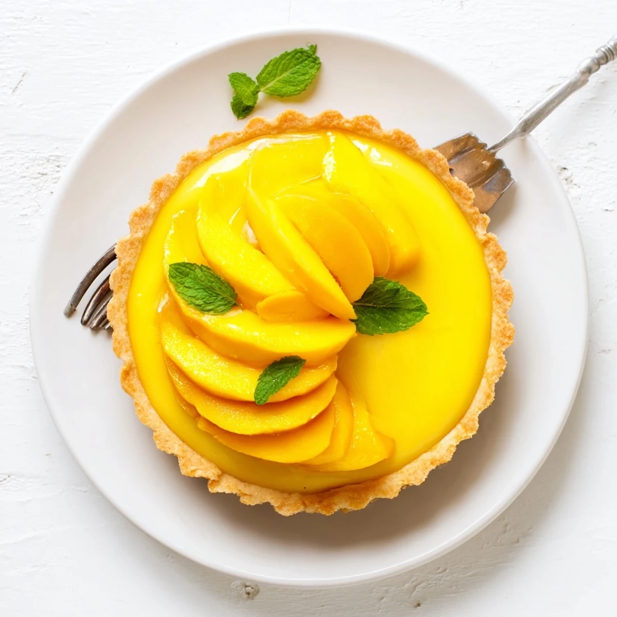 Freshly baked Mango Curd Tart with golden crust and silky mango curd garnished with mint.