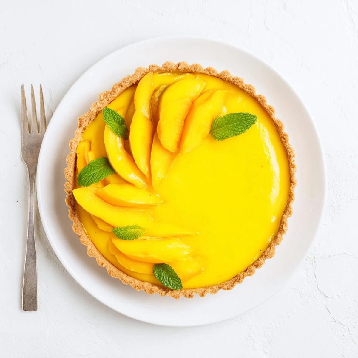 A slice of Mango Curd Tart on a plate, topped with fresh mango and edible flowers.