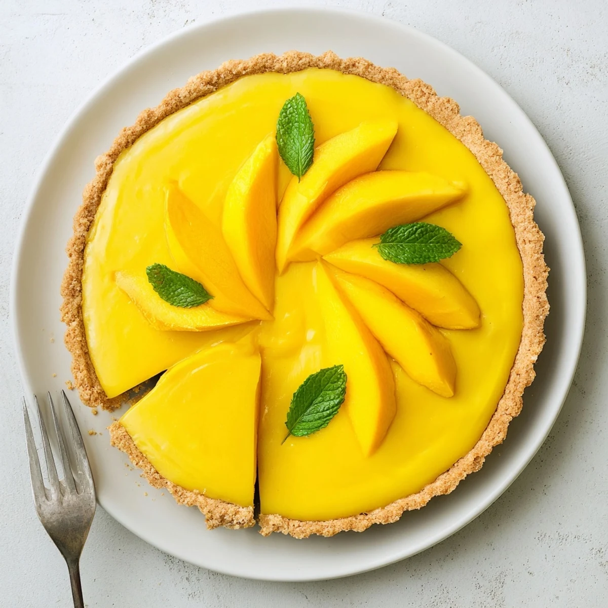 Close-up of Mango Curd Tart revealing smooth mango curd filling inside a crisp buttery crust.