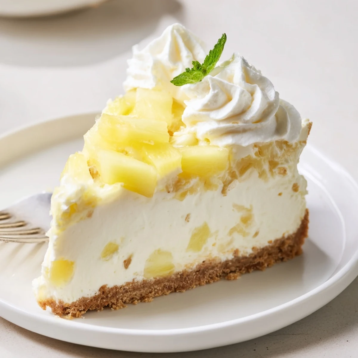 Freshly chilled No Bake Pineapple Cheesecake with a buttery graham cracker crust and creamy tangy topping.  