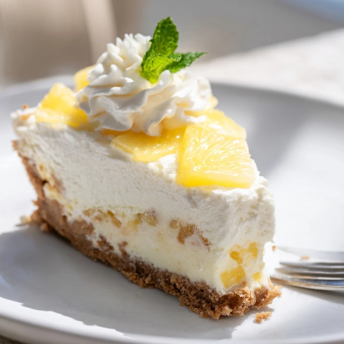 Vivid slice of No Bake Pineapple Cheesecake topped with crushed pineapple and fresh mint garnish.  