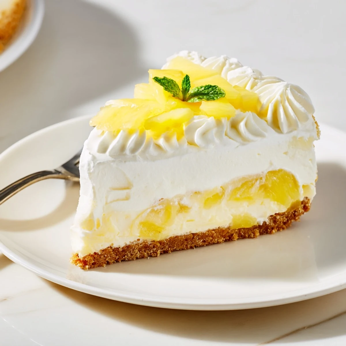 Savory chilled No Bake Pineapple Cheesecake served on a white plate with graham crumbs.