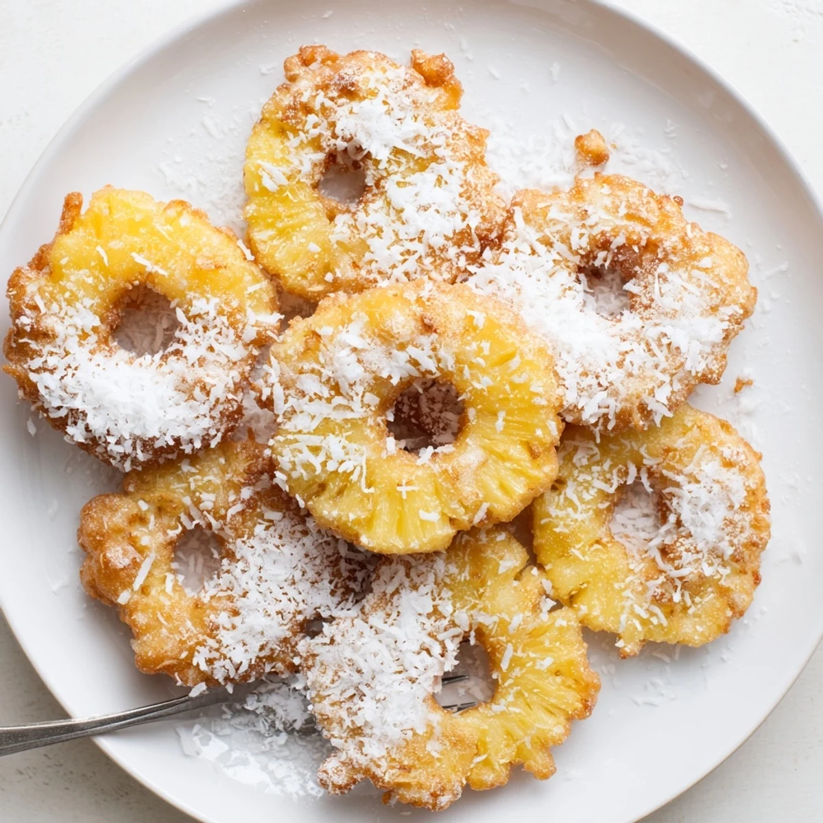 A close view of Heavenly Pineapple Fritters That Bring Tropical Joy, dusted with powdered sugar and optional toasted coconut.