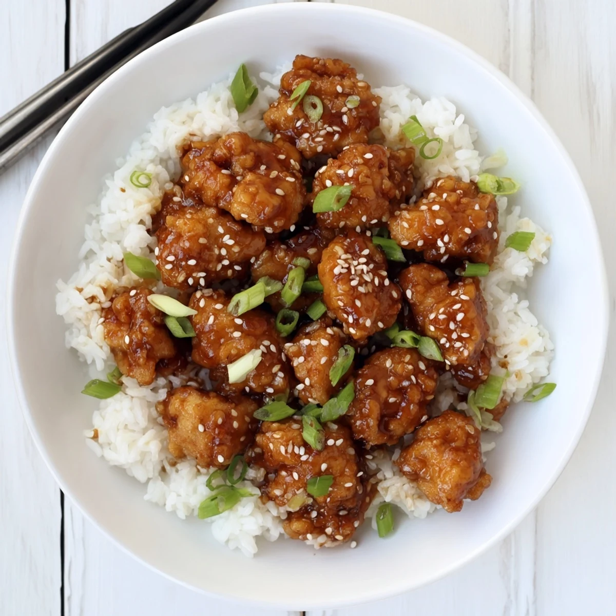 Golden brown Mongolian chicken pieces coated in glossy sweet and savory sauce with sesame seeds