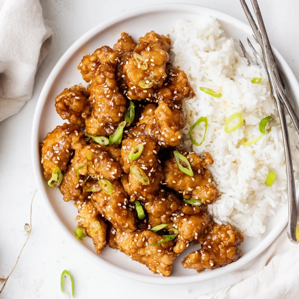 Crispy chicken thighs tossed in rich soy ginger glaze garnished with fresh green onions