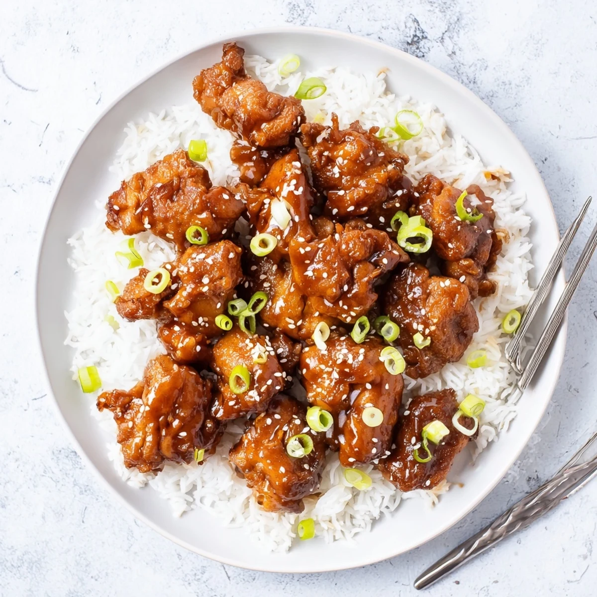 Steaming bowl of Mongolian chicken served over white rice with chopped scallions and sesame seeds