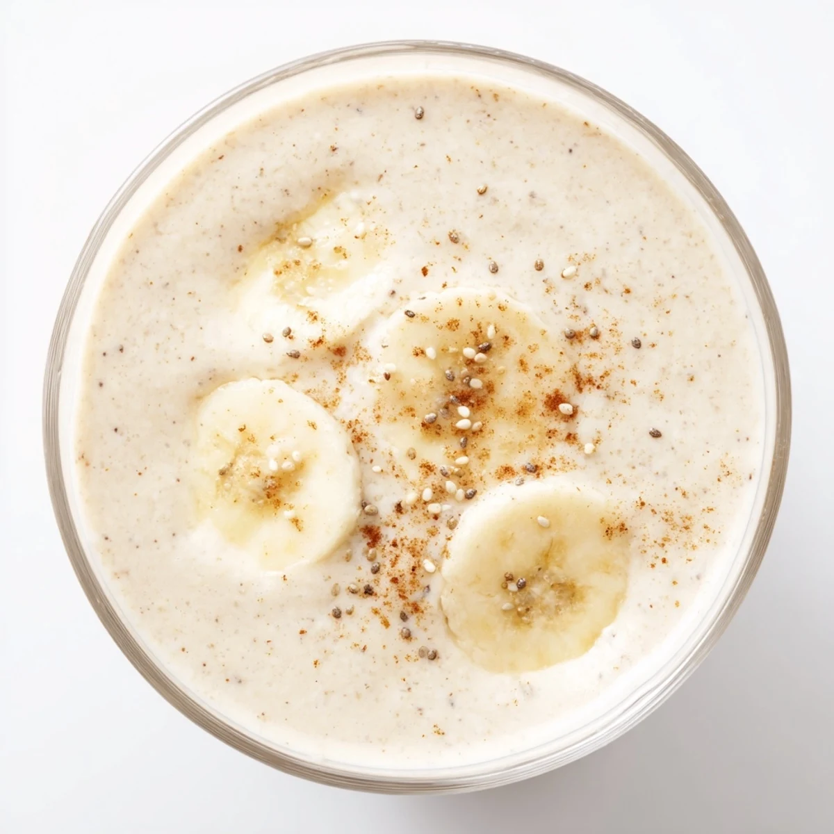 Creamy Greek yogurt banana smoothie topped with fresh banana slices in a clear glass