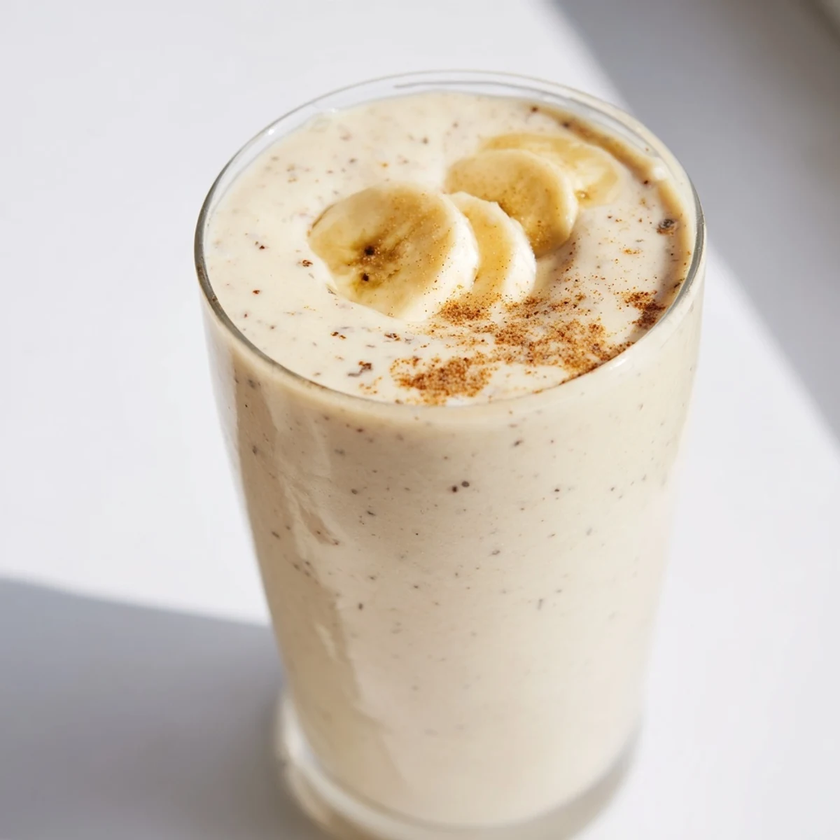 Protein-rich Greek yogurt banana smoothie poured into tall glasses with banana wheel garnish