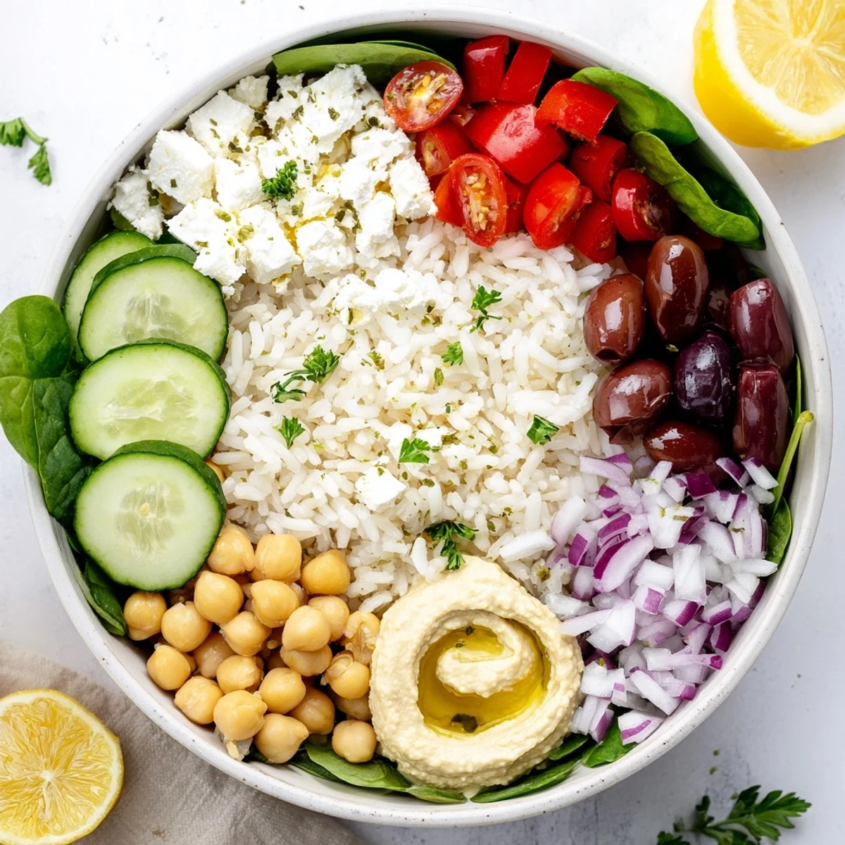 Wholesome Mediterranean rice bowl layered with crisp veggies, chickpeas, olives, and zesty tahini drizzle