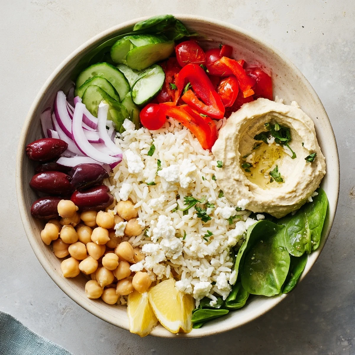 Vibrant Mediterranean rice bowl arranged with colorful produce, feta, and protein-rich chickpeas for lunch