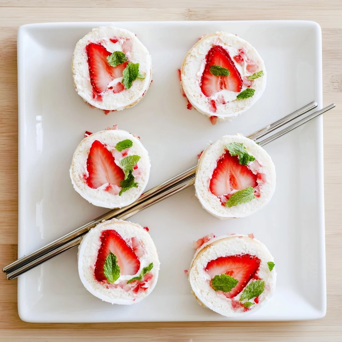 Elegant dessert sushi with sweet strawberry filling and fluffy vanilla sponge cake rolled into bites