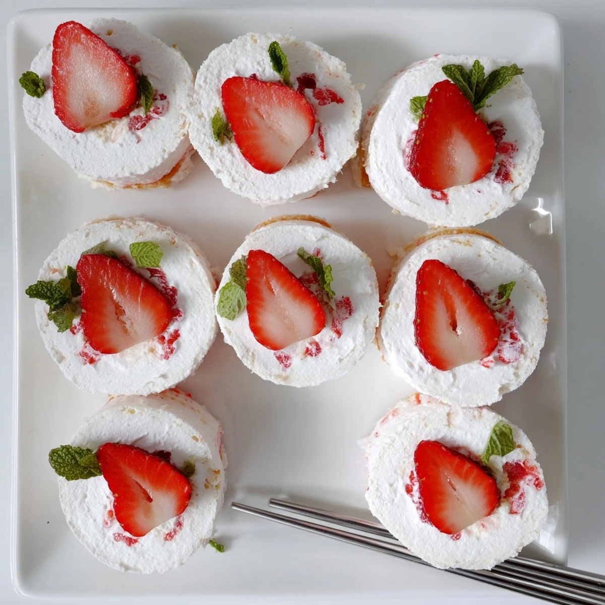 Playful strawberry shortcake sushi rolls featuring vanilla cake, whipped cream, and fresh diced strawberries