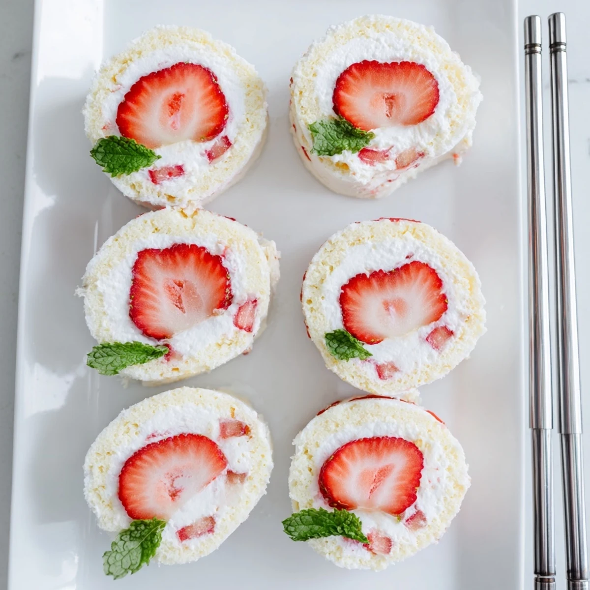 Colorful strawberry shortcake sushi pieces topped with fresh strawberry slices and optional mint garnish