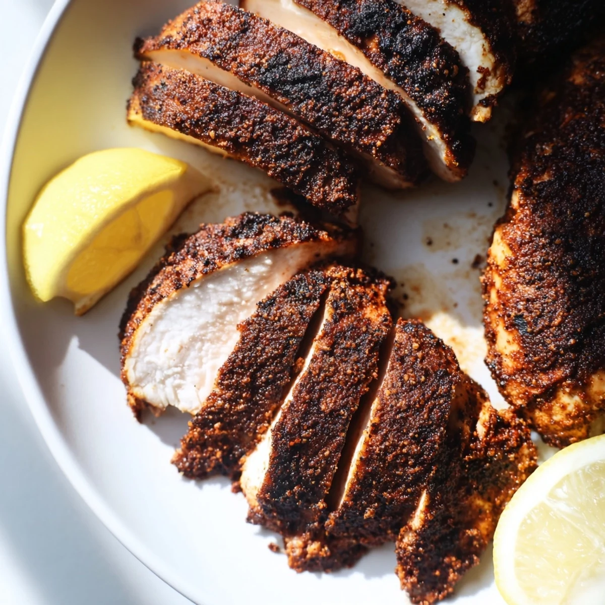 Golden blackened chicken breast with dark spicy crust served with fresh lemon wedges