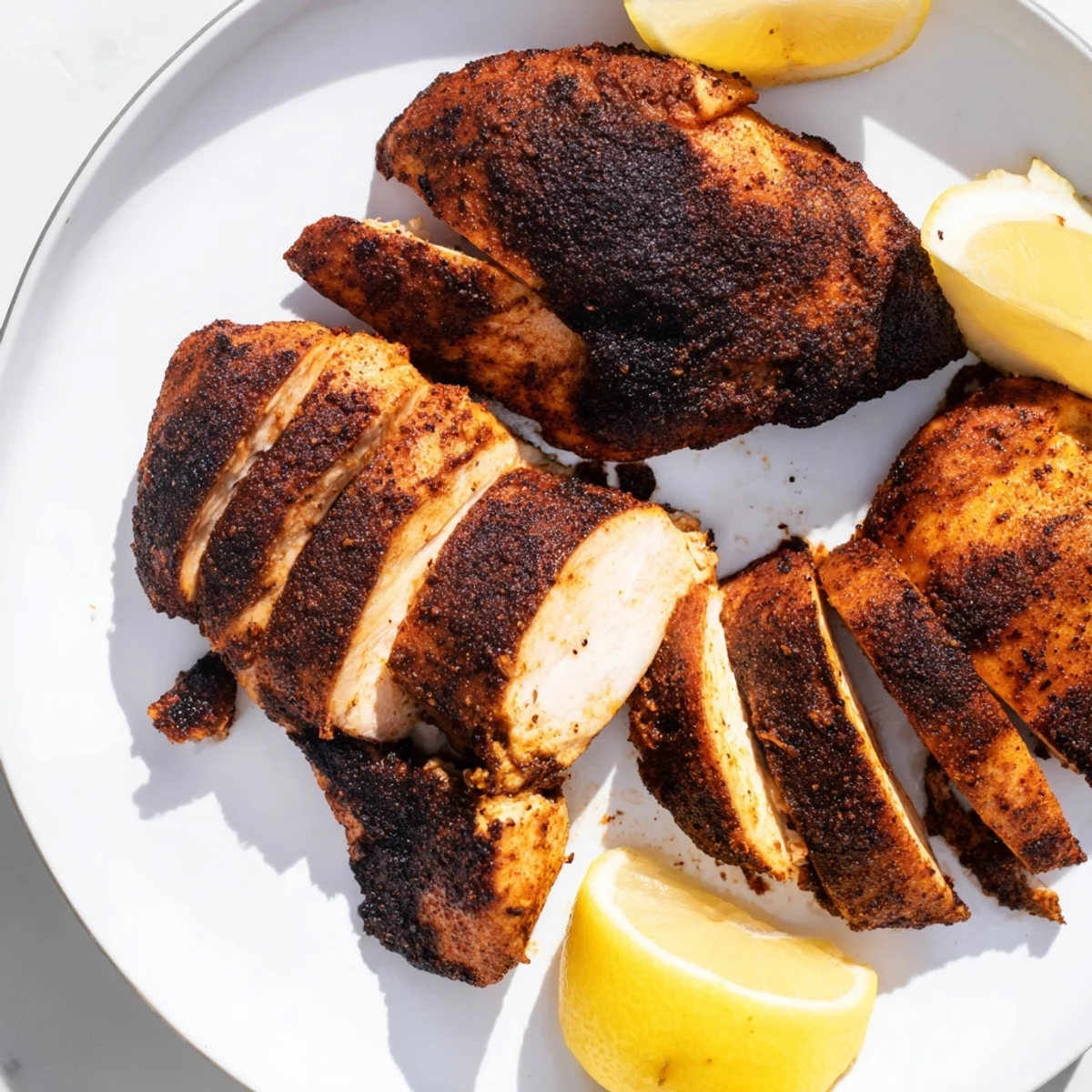 Juicy Cajun seasoned chicken seared in cast iron skillet with smoky paprika coating