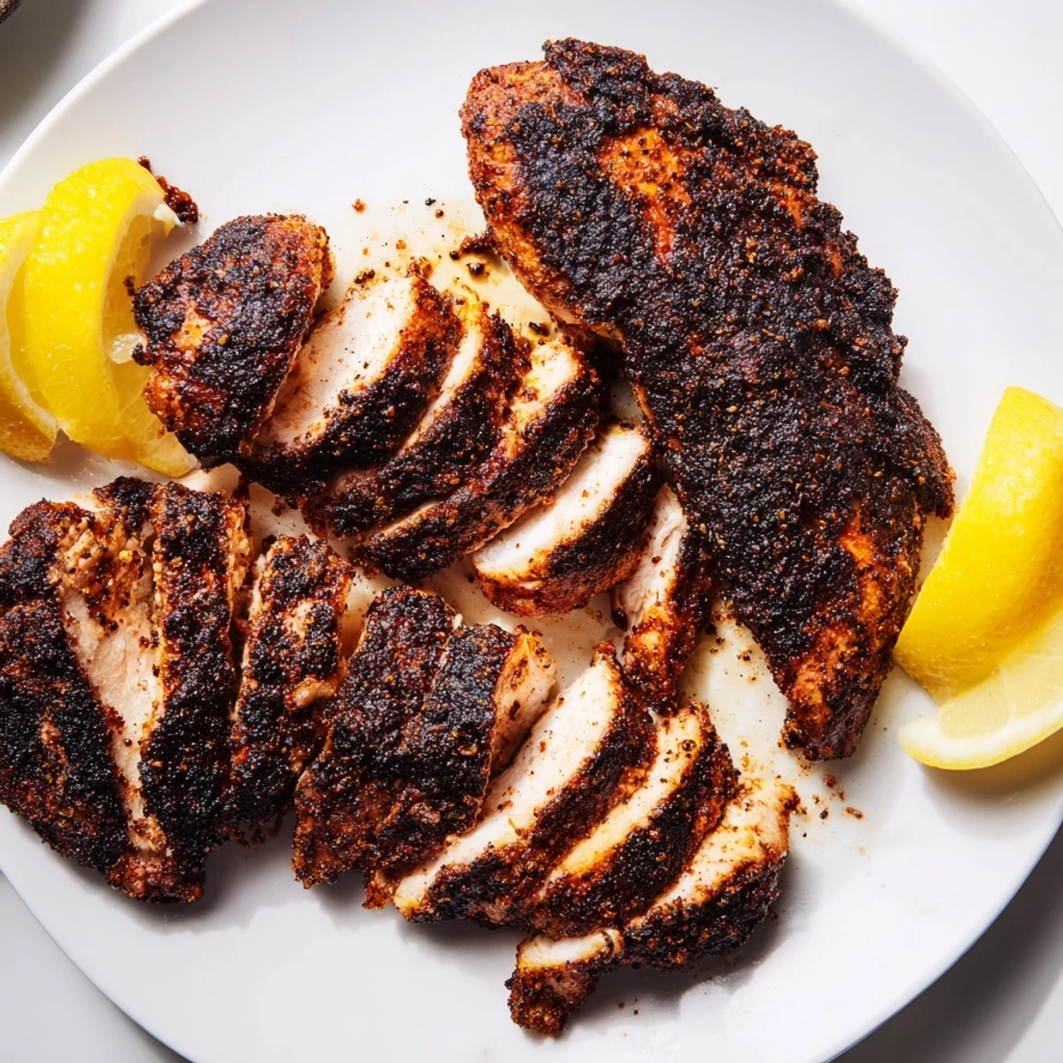 Perfectly cooked blackened chicken sliced to reveal tender meat with crispy spiced exterior