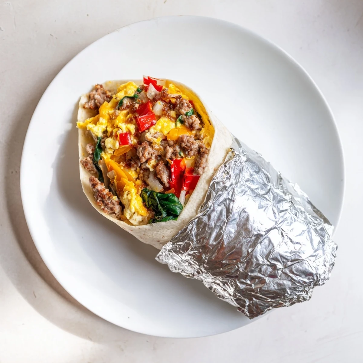 Hearty make-ahead breakfast burritos filled with scrambled eggs, sausage, peppers, and cheese