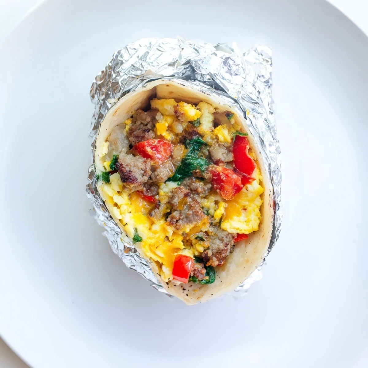 Golden make-ahead breakfast burritos wrapped in foil with fluffy eggs and melted cheddar