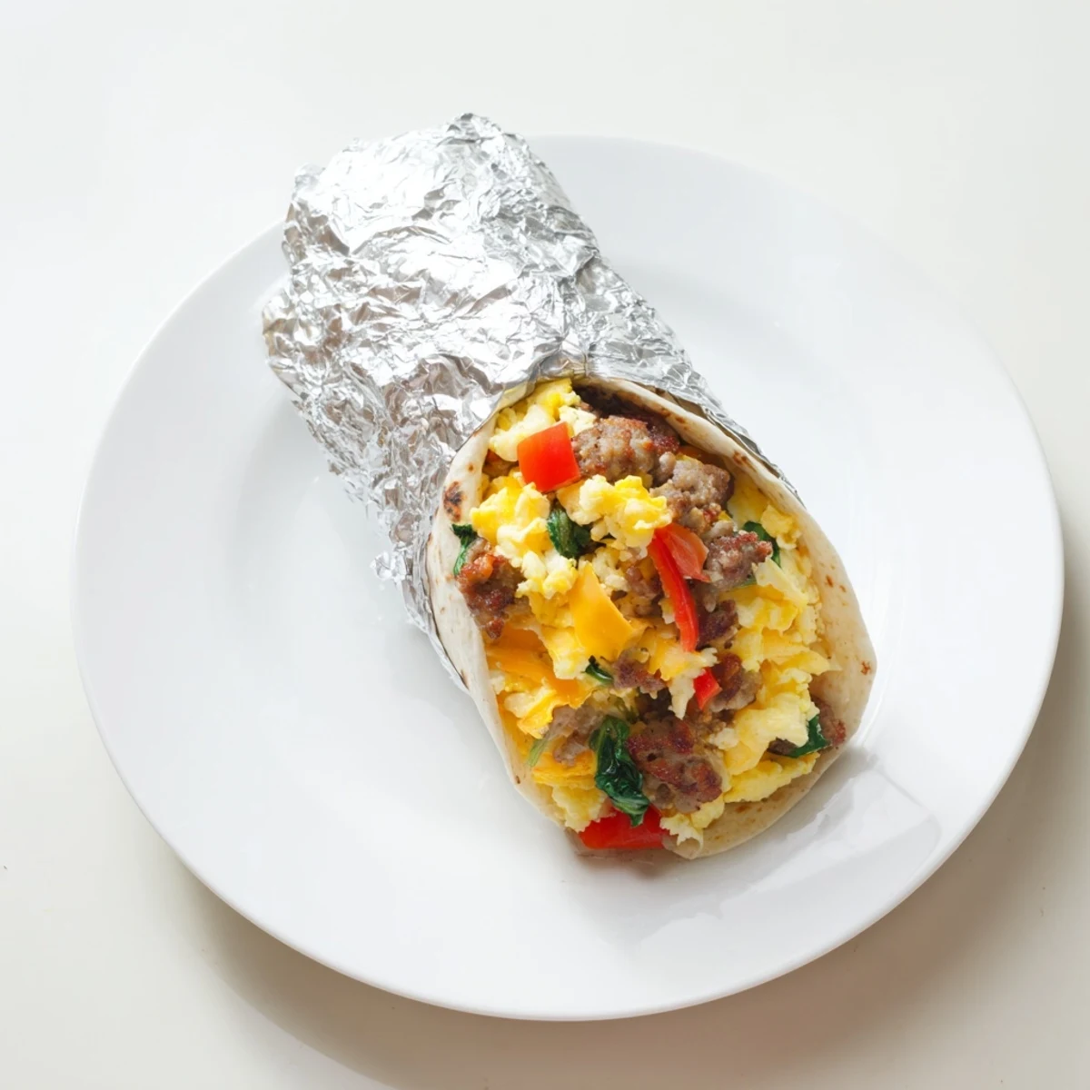 Rolled flour tortillas stuffed with cheesy eggs and vegetables for make-ahead breakfast burritos