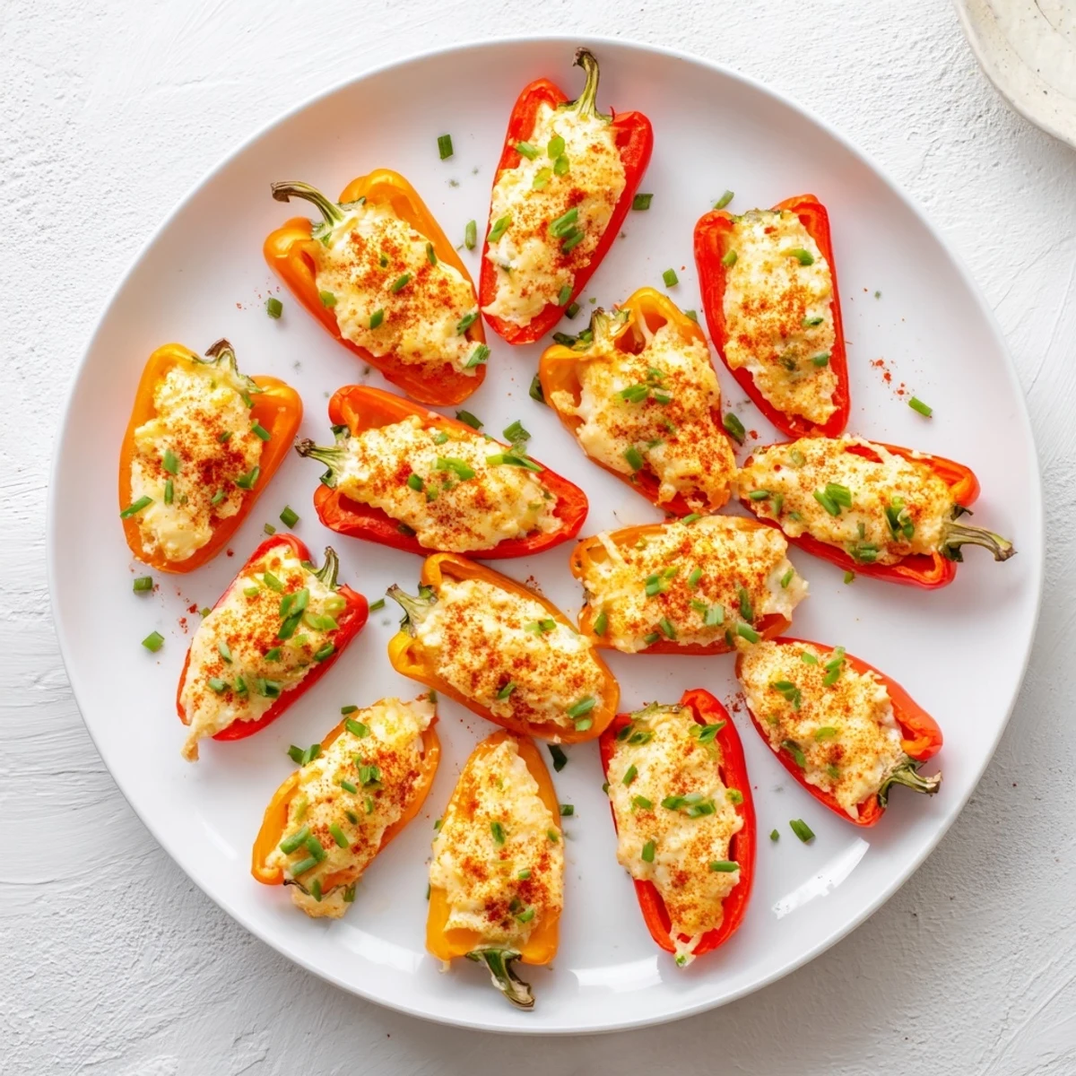 Golden air fryer cream cheese stuffed mini peppers with melted cheddar topping on white serving plate