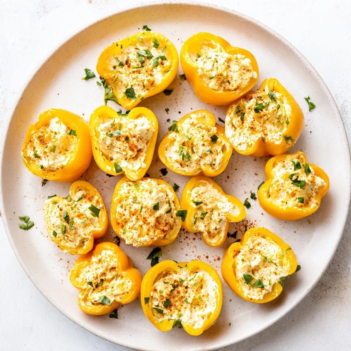Perfectly air fried mini sweet peppers oozing creamy three-cheese filling with smoked paprika dusting