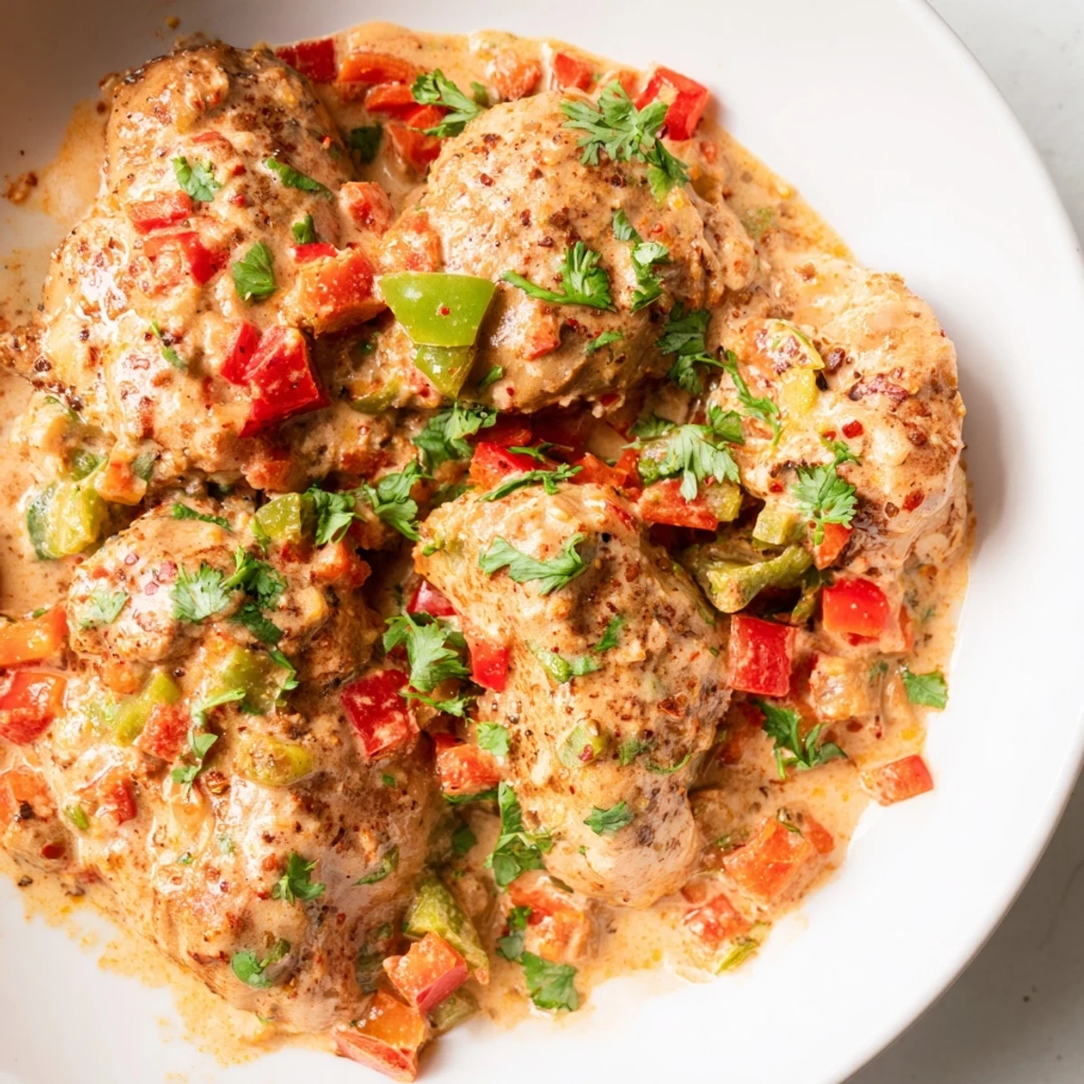 Golden chicken pieces simmered in rich spicy Brazilian coconut sauce with diced bell peppers and fresh herbs