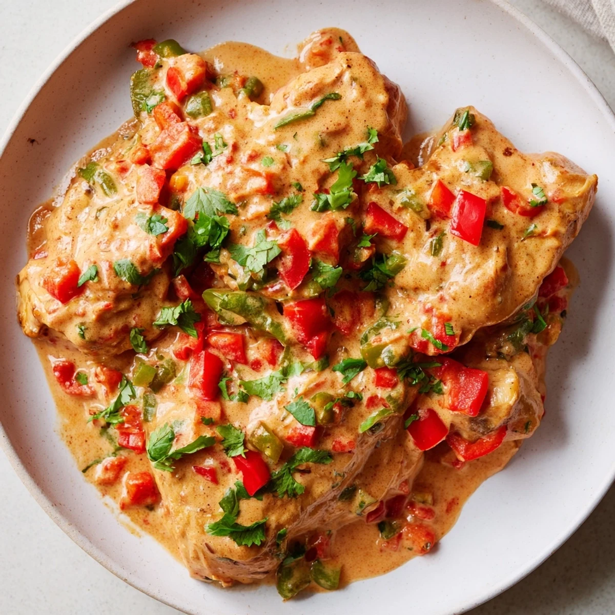 Creamy coconut milk glazed chicken thighs in a vibrant red tomato sauce topped with chopped cilantro and parsley
