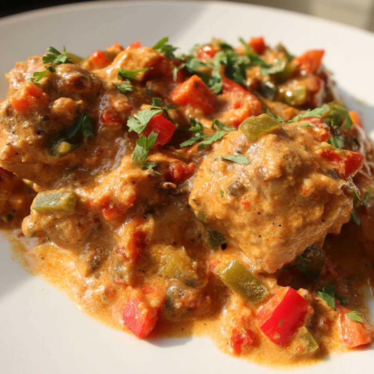 Savory Brazilian coconut chicken stew served in a white bowl with colorful peppers and green herb garnish