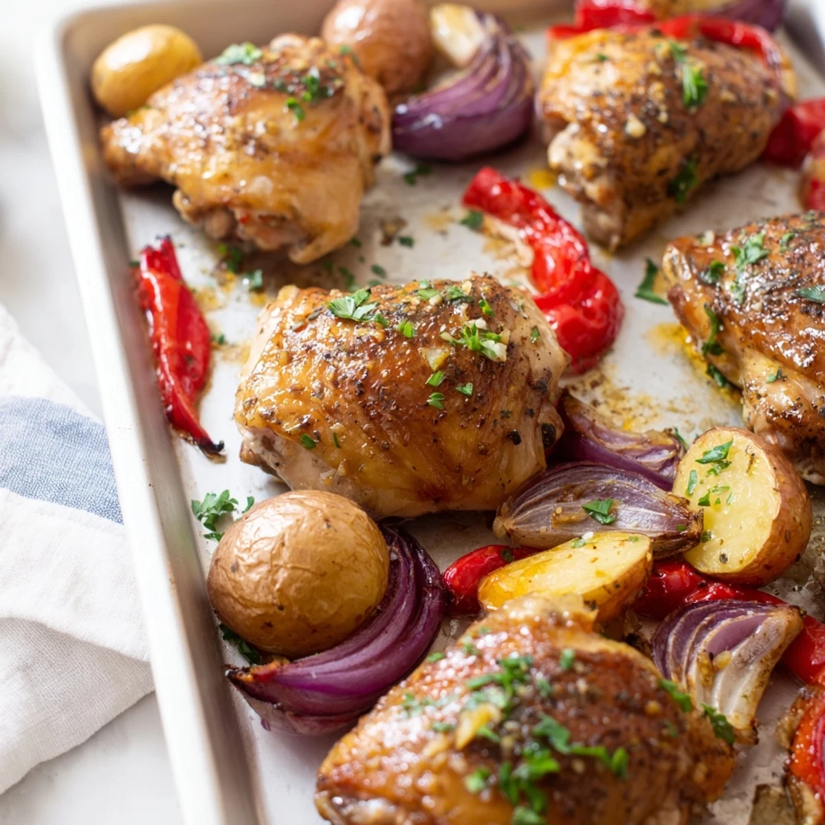 Golden roasted chicken thighs with crispy skin nestled among tender baby potatoes and colorful vegetables on a baking sheet